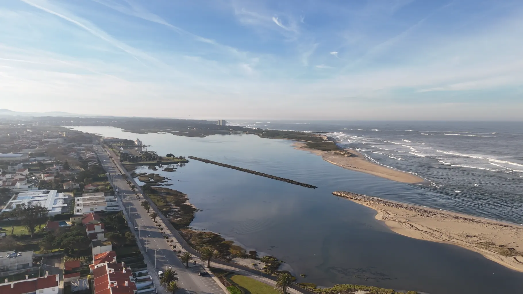 Aerial view of Esposende, where the Cávado river meets the Atlantic