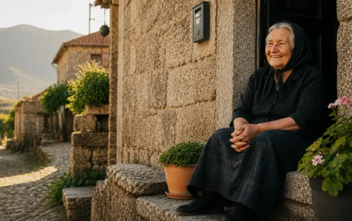 Elderly woman at the door of a granite house in a Minho village