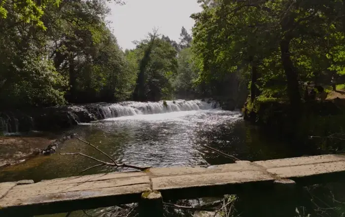 Small waterfall and wooden footbridge in Northern Portugal